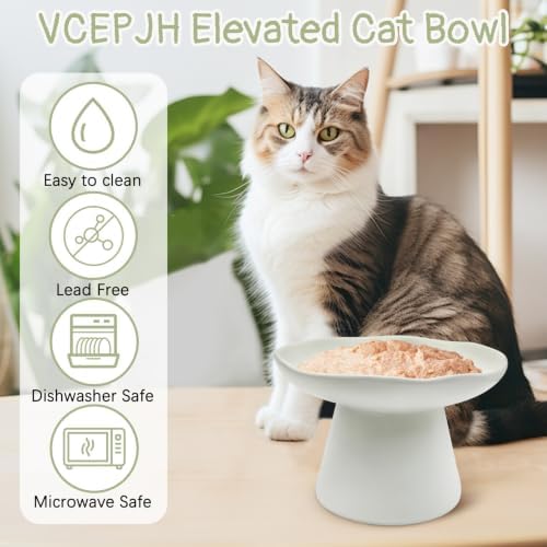 VCEPJH Raised Cat Food Bowls Shallow Cat Plate Ceramic Elevated Cats Dish 6.1in Flat Anti Whisker Fatigue Wide Pet Food & Water Feeder for Indoor Kitty Kitten (White) - Image 7