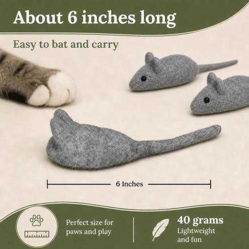 Cat Mouse Toy - 3 Felted Wool Mouse Toys Without Catnip for Indoor Cats and Kittens - Large Handmade Mice - Image 5