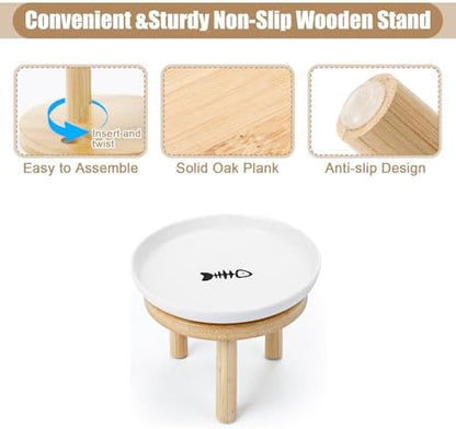 Shallow Elevated Cat Bowls with Bamboo Stand, 5.9 Inch Wide Ceramic Cat Dish Whisker Friendly,Pet Food and Water Plates - Image 5