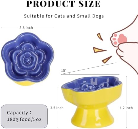 S&Q's CERAMICS Raised Slow Feeder Cat Bowl, Ceramic Elevated and Titled Pet Food Bowl, Small Dogs Slow Feeder, Flower Shaped Dish for Dry and Wet Food (Blue, 5.8") - Image 2
