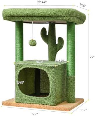 SYANDLVY 27" Cactus Cat Tree for Indoor Cats, Green Modern Activity Tower - Image 3