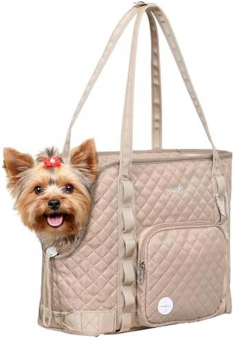 Pecute Dog Purse Carrier, Dog Carrier with Pockets for Small Dogs, Fits Dogs 5 lbs to 9 lbs, Cat and Puppies Tote Bag, Outing, Travel, Vet, Khaki by pecute