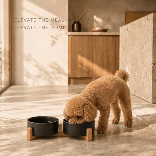 SPUNKYJUNKY Ceramic Dog and Cat Bowl Set with Wooden Stand, Modern Cute Weighted Food Water Set for Small Size Dogs (13.5OZ) & Medium Sized Dogs (28.7OZ) & Cats (1.7 Cups, 2 × Black) - Image 2