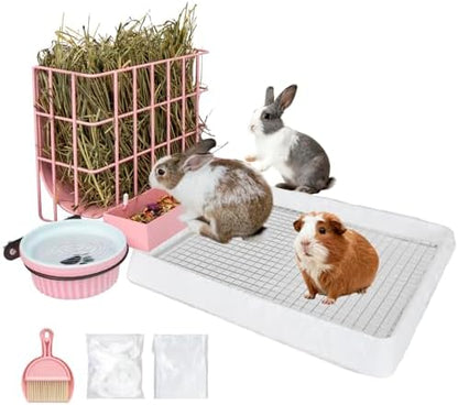 BESNEW 3 in 1 Rabbit Hay Feeder with Litter Box,Upgraded Metal Hay Rack & Litter Tray & Water Bowl,Quick Cleaning,Easy to Install,Bunny Supplies for Rabbit Guinea Pig Chinchilla Small Animals by BESNEW