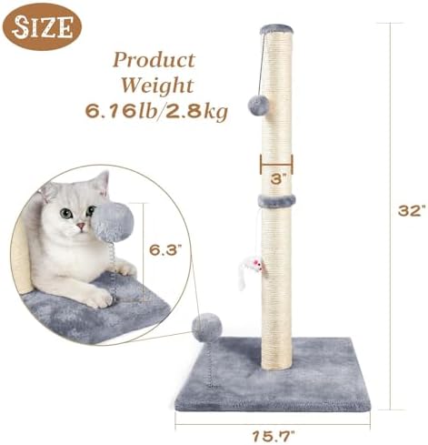 ANWA 32" Tall Sisal Cat Scratching Posts Tree for Indoor Cats Adults, Gray - Image 2