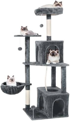 54 Inch Multi-Level Cat Tree Tower with Hammock, Condos & Scratching Posts, Large Cat Furniture for Indoor Cats with Pompoms, Dark Grey by Unknown