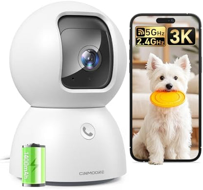 3K Pet Camera Indoor with Phone APP, 5MP Cameras for Home Security with 1400mAh Emergency Rechargeable Battery, 2.4G 5G Dual Band WiFi Indoor Camera, AI Detection Motion Tracking, 2-Way Talk by Unknown