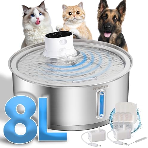 Wireless Dog Water Fountain, 2.1Gal/8L Battery Operated Stainless Steel Pet Water Fountain Motion Sensor Dog Water Bowl Large Cat Bowl Inside with 3 Filters and 2 Ultra Quiet Pumps by Petsamuse