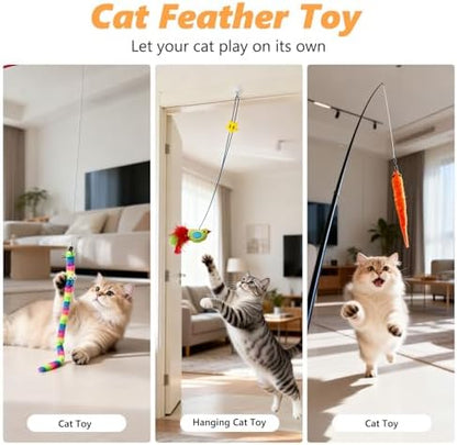 Cat Toys Interactive Feather Teaser Wand Set, 11 Pack Retractable Cat Fishing Pole Toy with Assorted Replaceable Attachments & Bells, Fun Hunting Exercise Toys - Image 4