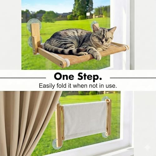 Foldable Cat Window Perch, Natural Wood, 16.5''×12'' Hammock, 35 lbs Weight Limit, Cat Window Hammock for Small Size Windows - Image 3