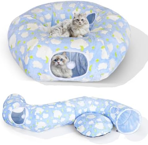 Cat Tunnel Bed, Foldable Cat Donut Tunnel with Removable Cushion, Toy Ball & Social Windows, Stress Relief Fun, Round Pet Play Tunnel for Indoor Cats, Kittens and Small Pets (3D Cloud Pattern) by KWUY