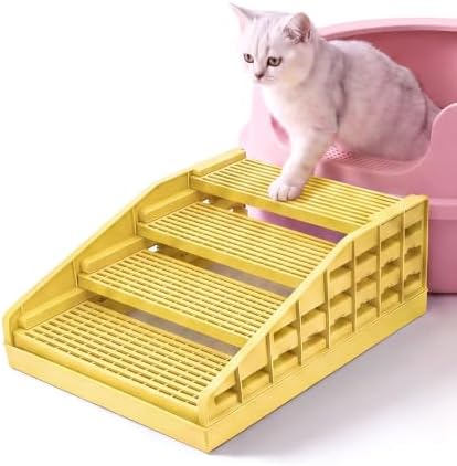 Adjustable Cat Stairs, Litter Box Step DIY Stackable with Litter Catcher & Anti-Tracking Grid, Non-Slip Cat Staircase for Senior Small Cats Kittens, Fit Most Litter Boxes (Yellow) by Bemodst