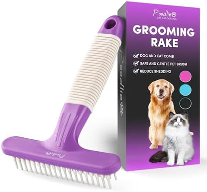 POODLIE Poodle Pet Dog Grooming Rake| Dematting Tool with Stainless Steel Shedding Comb for Pets | 2 Rows of Pins Gently Remove Loose or Tangled Hair from Undercoat | Purple Handle by Poodlie