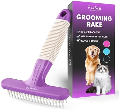POODLIE Poodle Pet Dog Grooming Rake| Dematting Tool with Stainless Steel Shedding Comb for Pets | 2 Rows of Pins Gently Remove Loose or Tangled Hair from Undercoat | Purple Handle by Poodlie