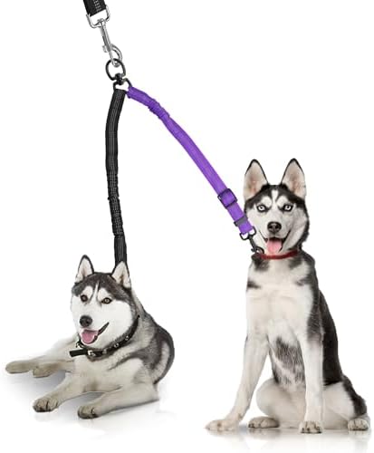 YAODHAOD Double Dog Leash,Two Dog Leash Splitter, No Tangle 360° Swivel Rotation Reflective Lead, Adjustable Length Bungee Heavy Duty Walking Training Dual Extension (Black + Purple) by YAODHAOD
