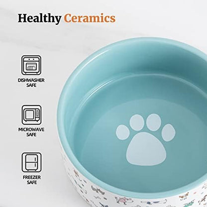 FE FUN ELEMENTS Ceramic Dog Bowls for Small Dogs, 16 Fl Oz Heavy Food and Water Bowl With Adorable Patterns (Small, Blue) - Image 2