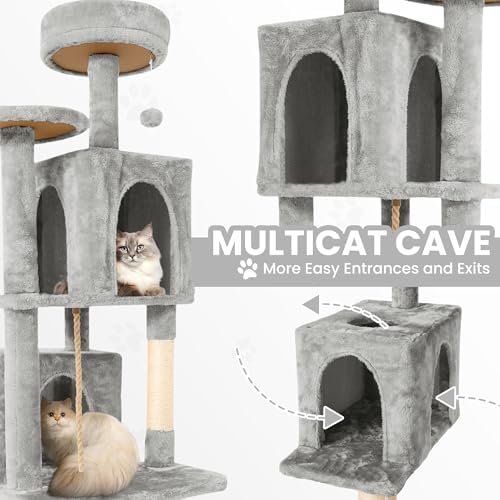 58.5inch Large Cat Tree Tower Condo for Indoor Cats, Soft Plush Multi-Level Climbing Tree Cat House with Cat Cave, Scratching Post, More Entrance/Exit, Sisal Rope, Light Grey - Image 2