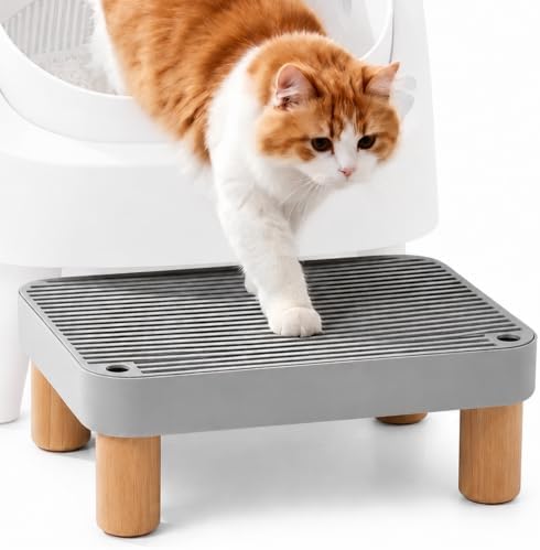 Litter Box Step, Litter Box Ramp/Catcher with Wooden Base, Anti-Tracking & Easy to Clean, Ideal for Big Cats and Automatic Litter Boxes 15.8" x 11.8" x 5.9" (Gray) by Aothey