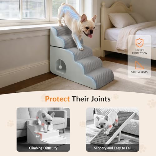 Dog Stairs for High Beds Up to 30" H with Tunnel,Extra Height 27.5" 5-Step Pet Steps for Small Dogs and Cats, Non-Slip Sturdy Dog Ramp with Anti-Tip Safety Strap and Removable Cover - Image 3