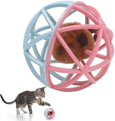 Squeaky Mouse Ball Cat Toy with Simulated Sound, Mouse Ball Cage, Squeky Balls for Cats to Play with Indoor, Plastic Squeak Interactive Funny Toys Best for Playing Chewing Training Chasing (Pink-Blue) by Marsrut