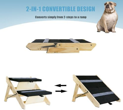 2-in-1 Indoor Pet Ramp, Wooden Folding 2-Tier Pet Stairs with Non-Slip Carpeted Steps, Ramp Perfect for Bed and Couch - Image 3