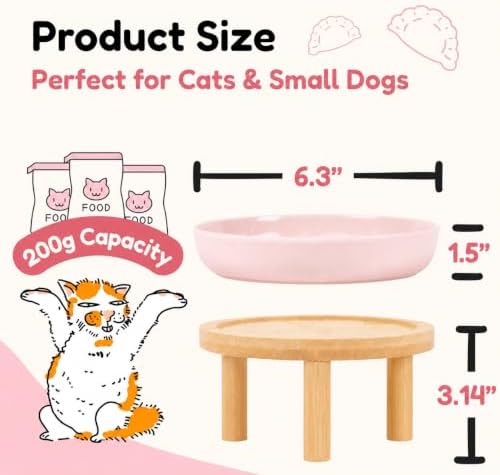 Slow Feeder Cat Bowls with Bamboo Stand, Ceramic Elevated Pet Food Plates for Cats and Small Dogs, Raised Non-Slip Feeder (Pink/6.3") - Image 2