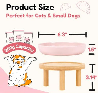 Slow Feeder Cat Bowls with Bamboo Stand, Ceramic Elevated Pet Food Plates for Cats and Small Dogs, Raised Non-Slip Feeder (Pink/6.3") - Image 2