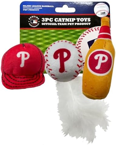 Best Plush CAT Toy - MLB Philadelphia Phillies Complete Set of 3 Piece Cat Toys Filled with Catnip. Incld: 1 Baseball Cap Cat Toy, 1 Baseball Cat Toy with Feathers & 1 Beer Bottle. Team Logos by PETSFIRST