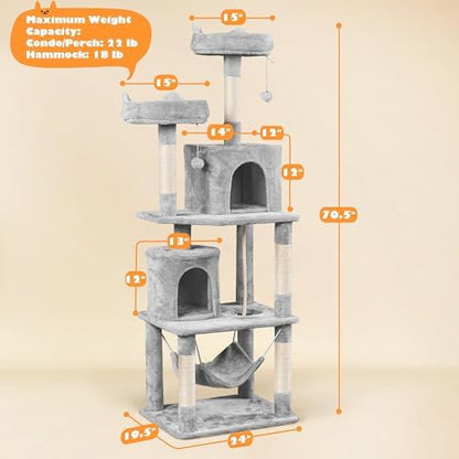 Yaheetech Cat Tree Tower, 70.5in Multi Level Cat Tree Kitten Condo with 2 Condos & 2 Plush Perches & Scratching Post & Dangling Ball, Cat Tower Furniture for Play & Rest Light Gray - Image 7