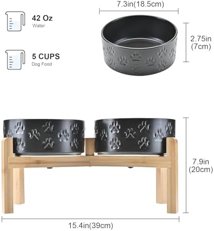SPUNKYJUNKY Elevated Dog Bowls Ceramic, 7.3'' Dogs Food Water Bowls Raised with Non-Slip Bamboo Stand for Medium to Large Sized Breed Microwave Dishwasher Safe - 42 OZ,Paw Black - Image 2