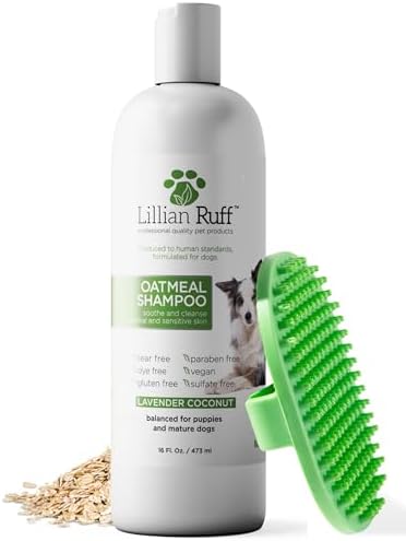 Lillian Ruff PRO Formula Deodorizing Oatmeal Dog Shampoo - Calms Itching & Allergies, Ultra-Nourishing Dry Skin Relief - Oatmeal, Aloe, Coconut Oil, Lavender & Provitamin B5 - Made in USA 16oz+Brush by LillianRuff