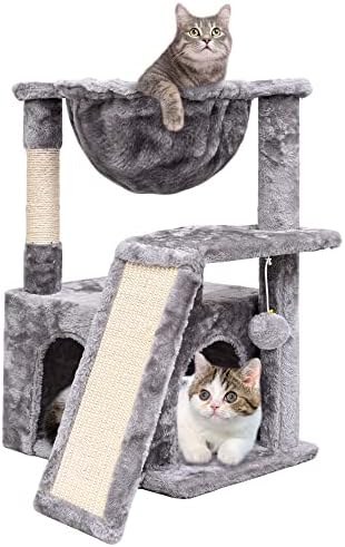 SYANDLVY Cat Tree for Indoor Cats Large Adult, Modern Activity Tower with Scratching Posts & Board, Condo with Plush Perch, Climbing Stand with Cradle & Hanging Ball for Play, Light Grey by SYANDLVY