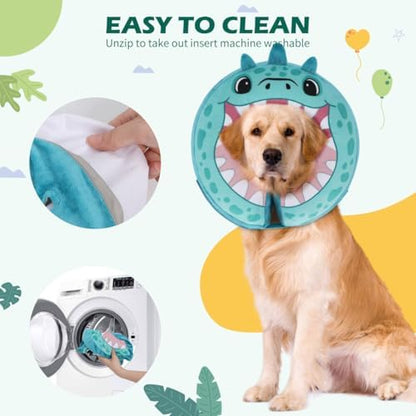 IEUUMLER Inflatable Recovery Dog Collar, Protective Donut Cone, Adjustable Soft Collar for Dog and Cat After Surgery Prevent from Biting & Scratching EU002 - Teal Dinosaur L+ - Image 6