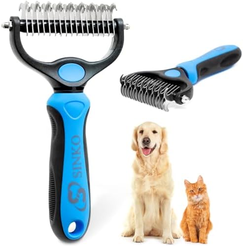 Sinko Shedding Brush For Dog and Cat, Undercoat Rake with Extra Wide Double-Sided Stainless Teeth for Detangling, Deshedding, Brushing & Removing Shed Fur, Knots, Mats, and Tangles in Pets (Blue) by Sinko