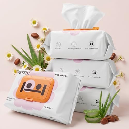 320 Count Hypoallergenic Dog Wipes for Paws & Butt, Extra Thick Plant Based Pet Wipes for Dogs & Cats, Alcohol-Free Lick-Safe Grooming Wipes, 80 Count x 4 Pack by Petshy