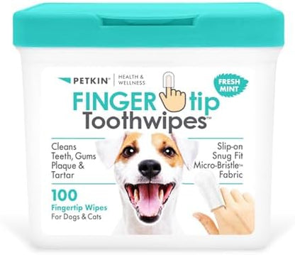 Petkin Fingertip Tooth Wipes for Dogs and Cats, 100 Finger Wipes - Slip-On, Snug Fit, Micro-Bristle Fabric - Cleans Teeth, Gums, Plaque & Tartar - Convenient, Ideal for Home and Travel - Fresh Mint by Petkin