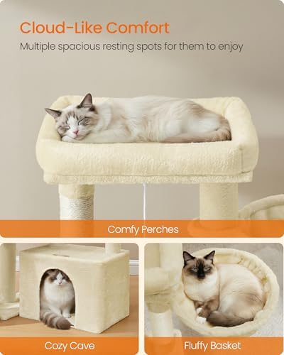 Feandrea Cat Tree, 33.8" Cat Tower Condo, Scratching Posts and Ramp, Beige - Image 4