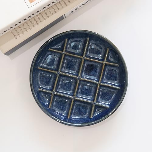 Ceramic Slow Feeder Bowls 6 Inch Shallow Whisker Friendly Food Bowls Grid Dishes Pet Plate for Cat and Puppy, Dishwasher Safe (Dark Blue) - Image 2
