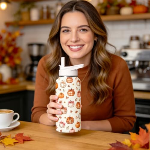 32 oz Fall Pumpkin Bow Insulated Water Bottle with Straw Lid, Stainless Steel Vacuum Leak Proof Flip Top Sports Water Bottle, Autumn Reusable Travel Mug for Gym Hiking, Fall Decor Gift for Women Girls - Image 6