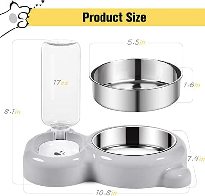 Dog Bowls, Cat Food and Water Bowl Set with Water Dispenser and Stainless Steel Bowl for Cats and Small Dogs - Grey - Image 5