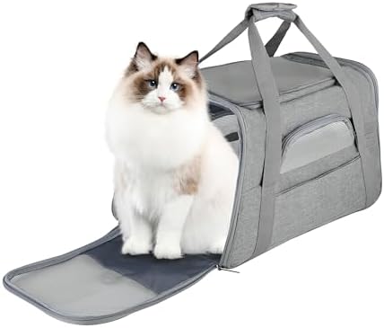 FluffyDream Pet Travel Carrier Soft Sided Portable Bag for Cats, Small Dogs, Kittens or Puppies, Collapsible, Durable, Airline Approved, Travel Friendly (Grey, 17.0" L x 10.0" W x 11.0" H) (Grey) by FluffyDream