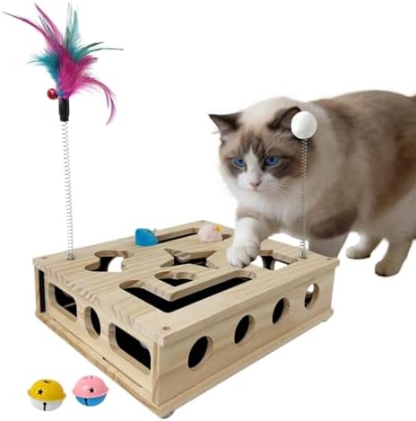 Cat Toys, Cat Scratcher Puzzle Enrichment Box - Wooden Cat Nail File with 2 Catnip Mice & 2 Balls & 2 Wand, Interactive Cat Toy Treat Maze for Indoor Cats, Stress-Free Cat Scratch Box That Trim Nails by Ailidso