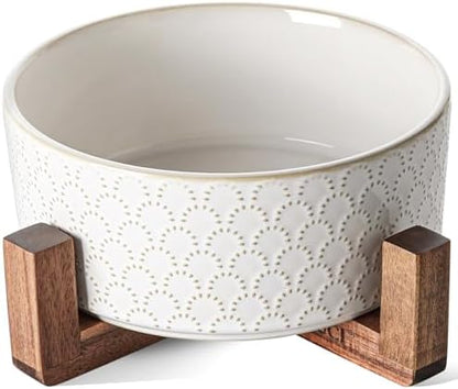 LE TAUCI Ceramic Dog Bowls for Large Dogs, 7" Elevated Water Bowl with Acacia Wood Stand, Single Set for Food & Water, Fireworks by LETAUCI