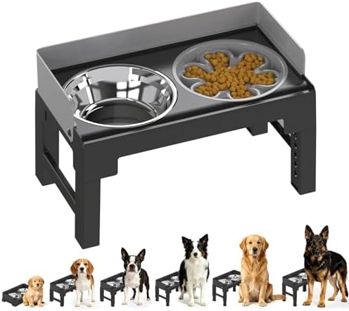 PAKEWAY Elevated Dog Bowls for Medium and Large Dogs, Spill-Proof Tiltable Dog Feeder with Slow Feeder Bowl and Stainless Steel Water Bowl, 6-Height Adjustable Raised Dog Bowl Stand by PAKEWAY