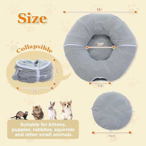 PEQULTI Grey Donut Cat Tunnel Bed Washable Plush Mat Multi for Small Pets - Image 3