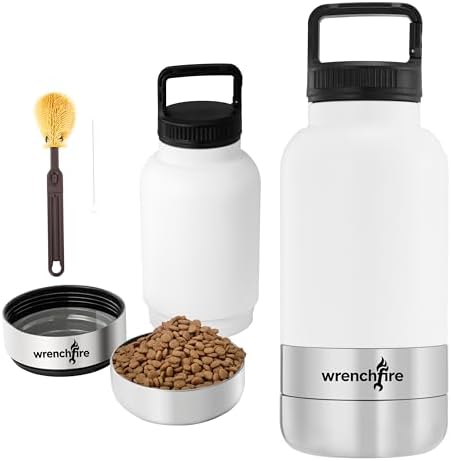 32 oz Instulated Stainless Steel Dog Water Bottle with 2 Detachable Bowls,Portable Cat Travel Dispenser with Brush for Walking Hiking Camping,White by Wrenchfire