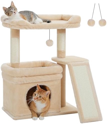 PEQULTI Small Cat Tree Tower for Indoor Cats with Large Perch, Beige by PEQULTI