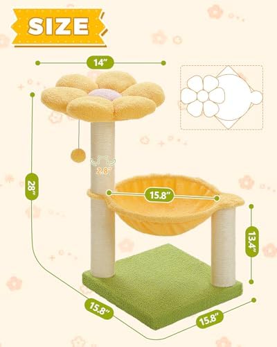MUTTROS 28" Flower Cat Tree Cute with Flower Top Perch, Large Hammock for Indoor Small Cats, Small Cat Tower with Cute Scratching Post and Fur Toy Ball for Kittens, Yellow - Image 7