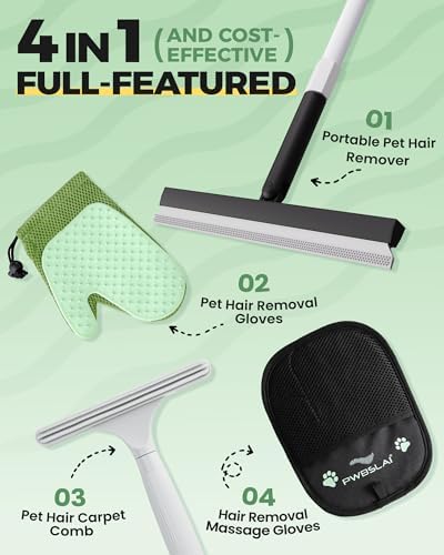 Carpet Rake for Pet Hair Removal Tool - 4 in 1 Pet Hair Remover Kit for Dog Cat Fur Remover, Contain 60" Adjustable Rubber Broom, Glove, Magic Brush and Scraper for Furniture (Black) - Image 2