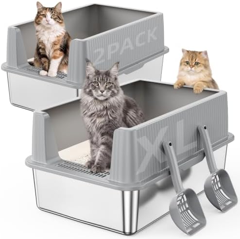 Suitfeel XL Stainless Steel Cat Litter Box with Lid,2 Pack,Light Gray by StainlessSteelLitterBox